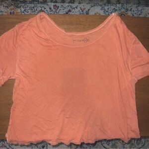 We The Free Linen and Cotton Distressed Baggy Tee Coral Peach